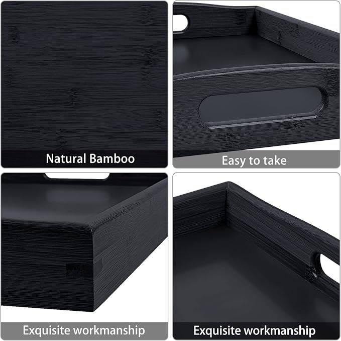 3 Pack Bamboo Serving Trays with Handles, Wooden Food Trays (Black | Bamboo Food Trays, Perfect For Breakfast In Bed, Sofa Dining, Serving Drinks, Snacks, And Everyday Organization