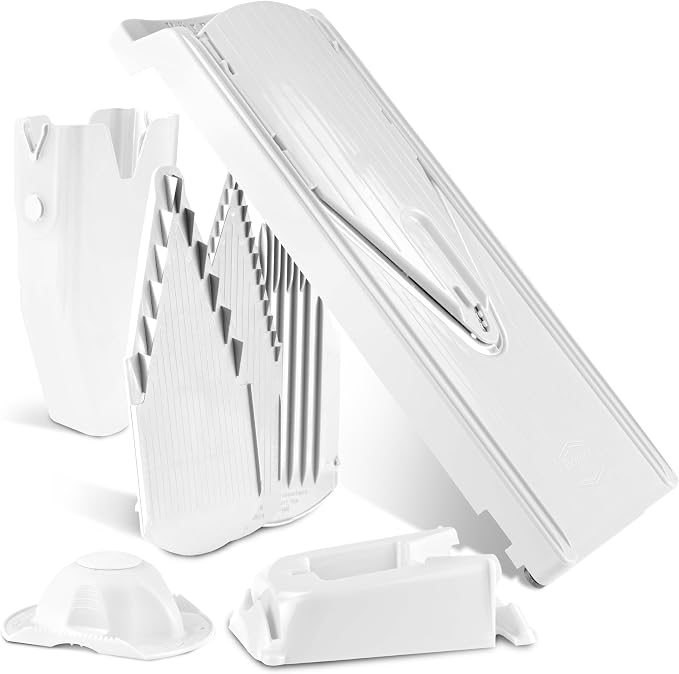 Mandoline Food Slicer Börner V3 (Profi Set) by Reston Lloyd • V-Slicer with 4 Inserts, Docking Station & Food Holder • Made in Germany • Fruit & Vegetable Chopper • Multiple Settings • Color: White