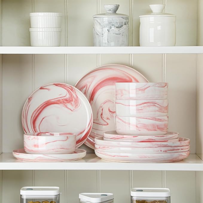 MALACASA 12 Pcs Porcelain Plates and Bowls Sets,Dinnerware Set for 4,Pink | Modern Ceramic Dishware Set,Kitchen Dining Ware,Microwave and Dishwasher Safe,Unique Marble Pink Design,Series LUNA