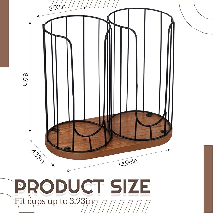 18oz Adjustable Coffee Cup Dispenser with Wooden Base, Cup and Lid Holder, Cups Holder Organizer for Coffee Pod Straw and Lid Storage(2-Compartment Single,Color 1)