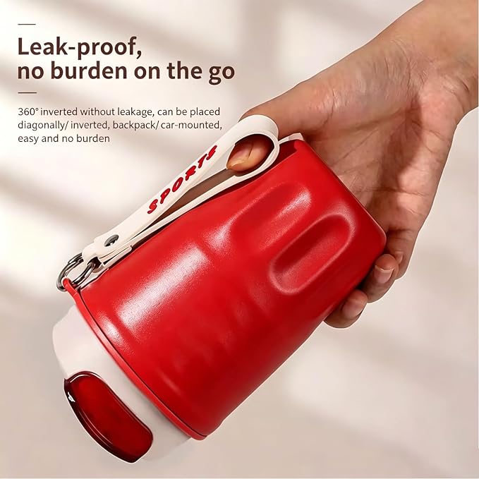 Coffee Vacuum Flask, Portable Coffee Cup with Lid & Handle, Lightweight Insulated Coffee Vacuum Flask, Travel Coffee Mug for Hot And Cold Drinks (Red, Temperature Display)