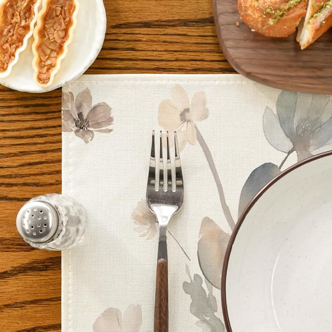 Artoid Mode Brown Poppy Floral Leaves Placemats Set of 6, 12x18 Inch Seasonal Summer Table Mats for Party Kitchen Dining Decoration