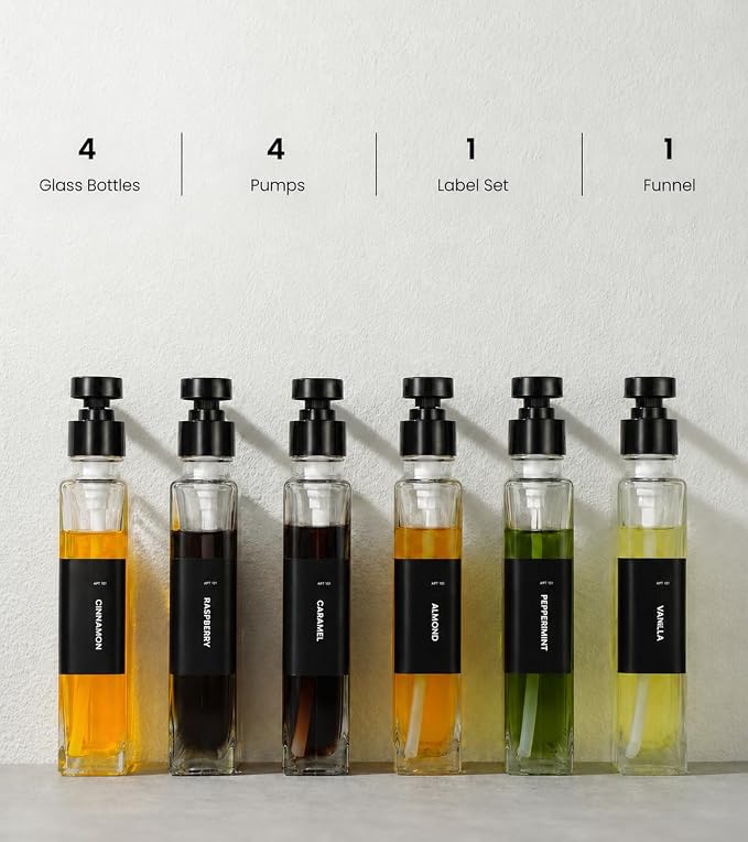 Glass Coffee Syrup Dispensers with Pumps, Syrup Bottles with Label Set - Essential Coffee Bar Accessories, 11.8 oz/350ml