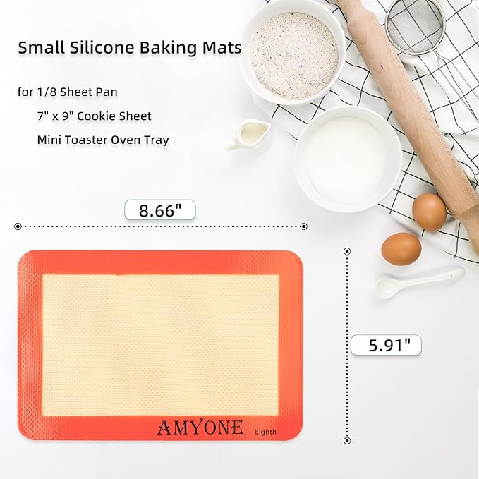 AMYONE 1/8 Sheet Silicone Baking Mats for 9x7" Toaster Oven, Platinum, 2PCS | For Eighth Sheet Pan for Cookie/Macaron/Bread/Pastry; Fits Small Toaster Oven Trays; Nonstick Reusable Food Grade Silicone