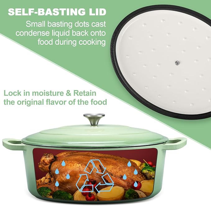 E-far 7QT Oval Dutch Oven Pot with Lid, Green Enameled Cast Iron Dutch Oven | with Dual Handles for Homemade Sourdough Bread Baking Cooking, Nonstick Enamel Coated Cookware, Non-Toxic & Easy Clean