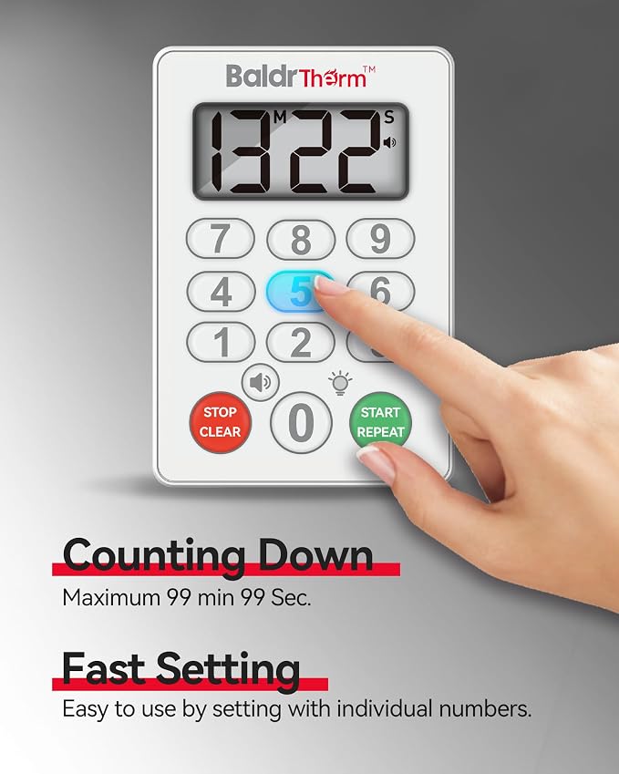 Digital Kitchen Timer Waterproof, Strong Magnetic Cooking Timer with 3 Adjustable Volume Levels & Silent Flashing Light, Countdown Timer for Cooking, Baking Shower, Classroom, White