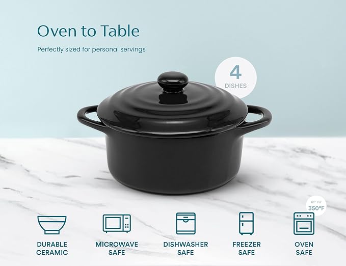 Kook Ceramic Mini Cocotte Set, Small Casserole Dishes with Lids and Handles, Individual Baking Ramekins, Oven safe 350F, Microwave & Dishwasher Safe, Stoneware, 12 oz, Set of 4, (Black)