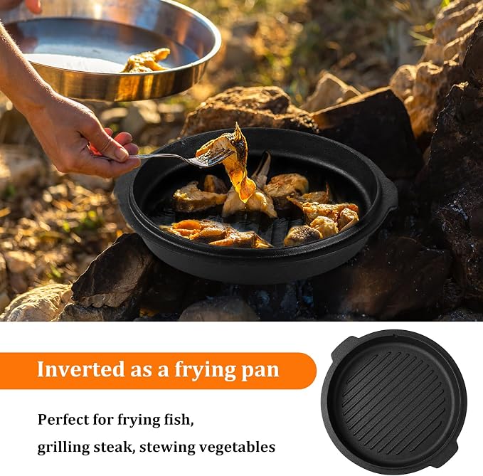 Leonyo 7QT Pre-Seasoned Dutch Oven Camping with Lid Lifter, 2-in-1 Pots | 2-IN-1 Cast Iron Camping Dutch Oven, Heat Conduction & Good Sealing & Heavy Duty