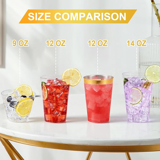 BYSNOW 100 Pack 12 oz Gold Plastic Cups, Disposable Clear Plastic Cups for Cocktail Party With Heat Resistance (12oz 100count Gold) | Disposable Heavy Duty Clear Cups, Hard Punch Plastic Wine Cocktail Glasses Cups for Party, Wedding, Home, Soda, Juice