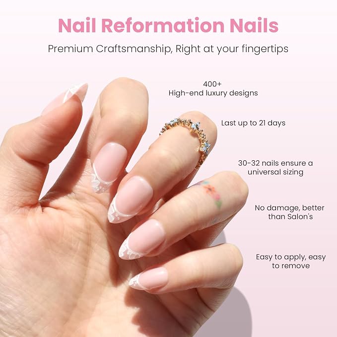 Nail Reformation Press On Nails, Petal Lace Neutral Short Almond Fake Nails | White Floral Lace French Tip in Glossy Finish, Reusable Stick On Nails in 16 Sizes - 32 False Nail Kit for Women Gifts