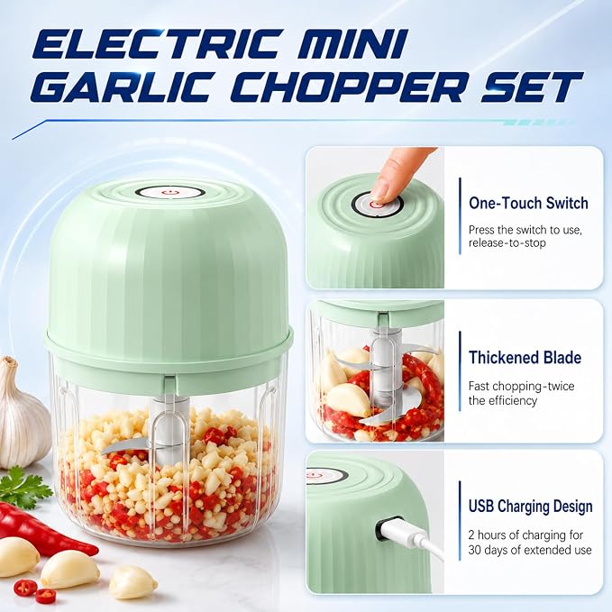 Electric Garlic Chopper, Mini Rechargeable Electric Garlic Chopper, Wireless Portable Food Processor for Ginger Chili Onion Vegetables Meat (Blue)