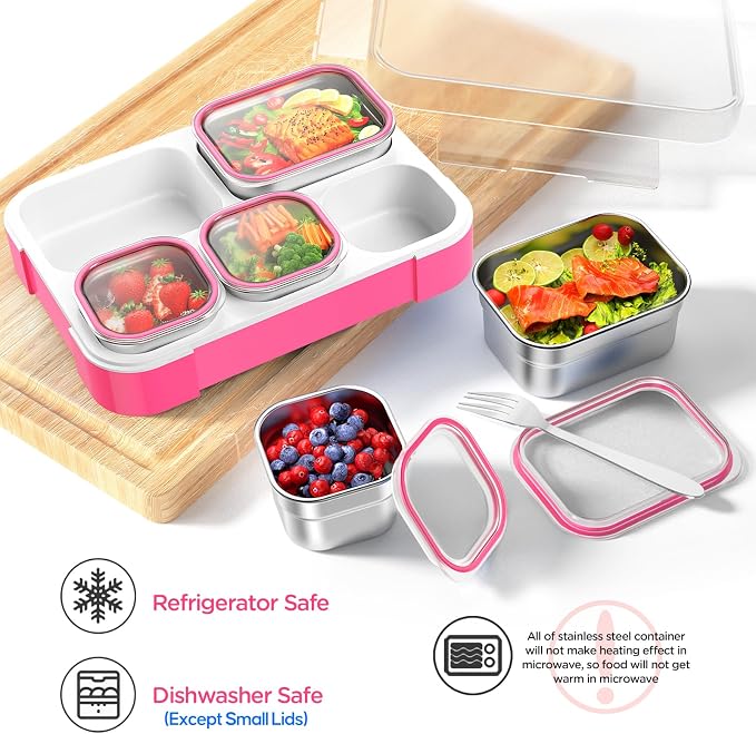 DaCool Stainless Steel Lunch Box Bento for Kids Adults Leakproof BPA-Free Metal Lunch Containers Tray 5-Compartment with Fork for Girls Food Snack Containers for School Outdoors, Pink