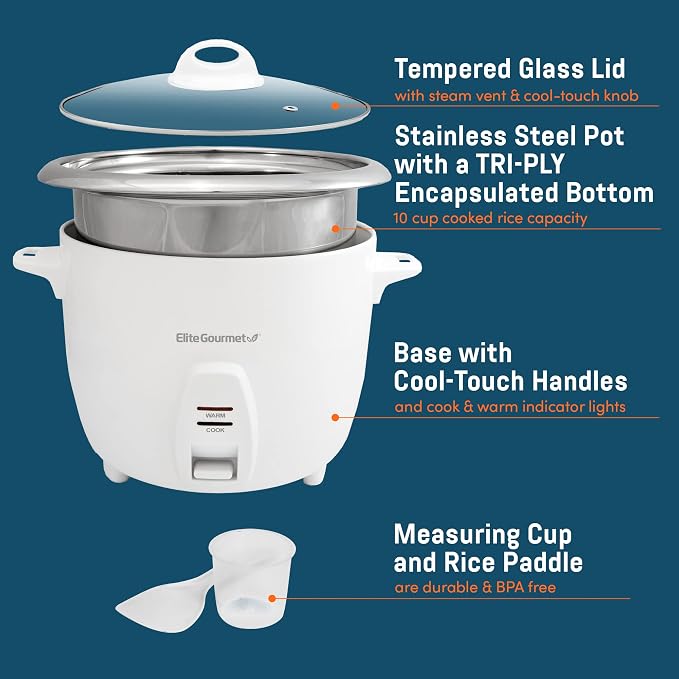 Elite Gourmet ERC-2010 Rice Cooker, Stainless Steel, White, 10 Cups Cooked | Keep Warm - Also Makes Soups, Stews, Grains and Cereals for Versatile Everyday Family Cooking