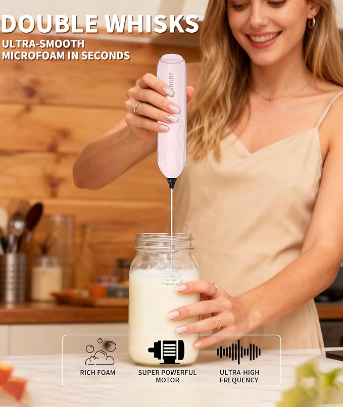 2-Pack Milk Frother Handheld with Stand, Valentines Day Gifts for Him and Her, Powerful Electric Coffee Frother, Coffee Lover Gift for Lattes, Cappuccino, Matcha & Hot Chocolate, White/Pink