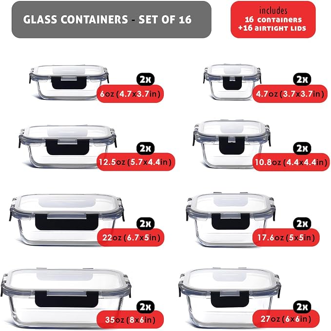 EATEX 32pc Glass Food Storage Containers with Lids, Airtight Glass Meal Prep Containers, 16 Reusable Food Storage Bins with 16 Leakproof Snap Lock Lids Oven Microwave Freezer Safe Lunch Containers
