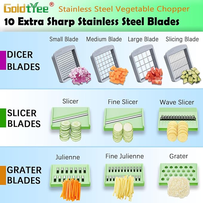 Vegetable Chopper Veggie Cutter Onion Food Dicer with Container 10 Blades | Stainless Steel Construction, Fruit Potato Salad Dicer, Dishwasher Safety, Easy Cleaning, Safety Hand Guards