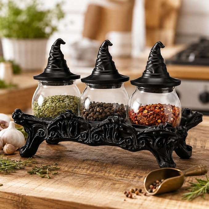 13'' Halloween Witchy Spice Jars Set 3 Pcs Large Gothic Vintage Apothecary Glass Jars with Witchy Hat Lids Home Kitchen Decoration Food Storage Container Herb Tea Salt Spice Pepper Display