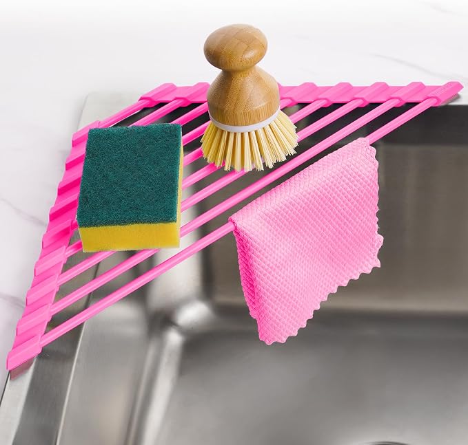 Tomorotec Roll Up Dish Drying Rack with Silicone Coating, Hot Pink | 304 Stainless Steel with BPA-Free Silicone, Triangle Design Maximizes Sink Corner Space, Fits Compact Kitchens And RVs