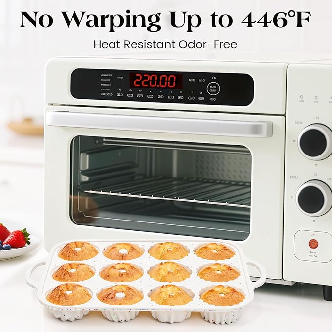 Vinino 3 Inch Mini Fluted Cake Pan, 2 Pack with Metal Frame | 4 Shapes 12 Cavity Mini Cake Mold Set for Batch Baking, Flan, Jello, Pudding, Brownies & Desserts