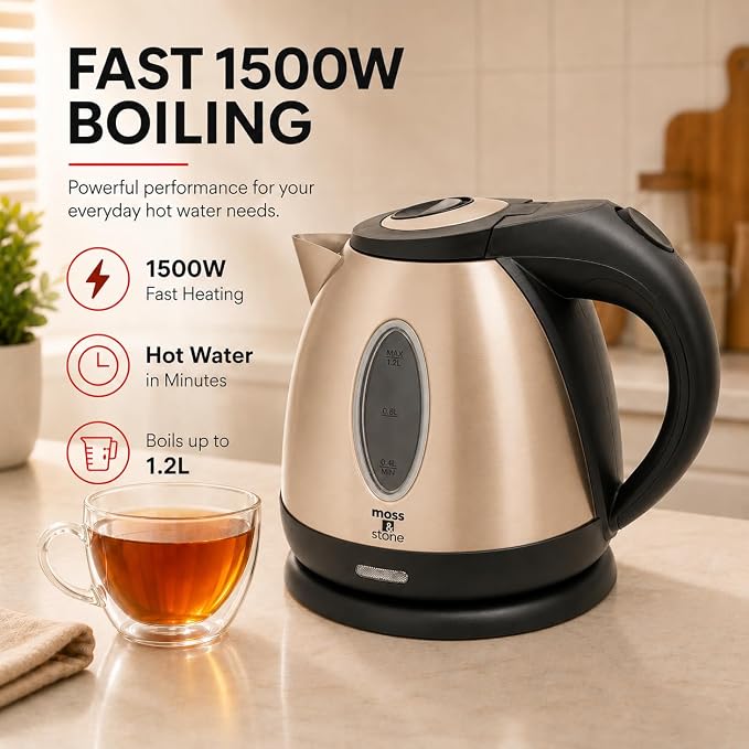 Moss & Stone Stainless Steel Electric Kettle, 1.2L Cordless 1500W | Small, portable hot water tea kettle, fast boiling pot, boil-dry protection, auto shut-off, blue Illuminate LED light