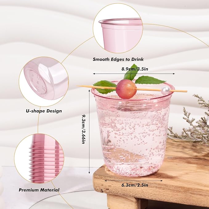 KesaPlan 100Pcs 12oz Pink Plastic Party Cups, Disposable Wine Cocktail Cups | Cute Clear Stemless Glass, Round Bottom PET Cold Drink Cups for Valentine's Galentine's Day Wedding Christmas Bridal Shower
