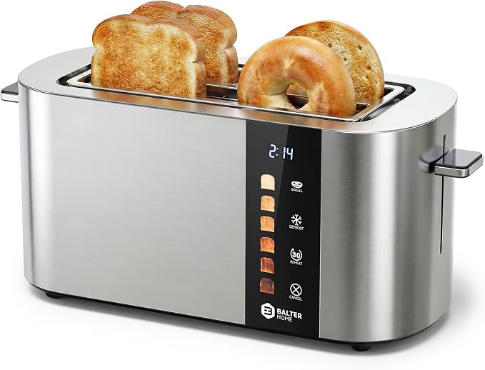 Balter Toaster 4 Slice Wide Slot, Bagel Function, Long Slot, Stainless Steel, Touch Screen, Built-in Rack, Extra-Wide 1.5" Slots for Thick Breads & Bagel, Timer, BPA-Free, 6 Levels, Removable Tray