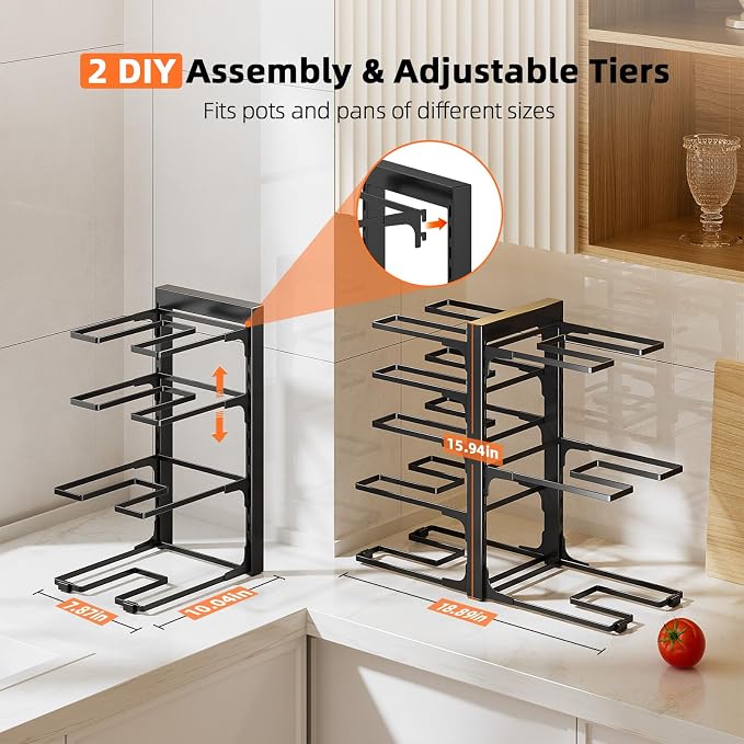 MUDEELA 8-Tier Pots and Pans Organizer under Cabinet, 15.9" H Heavy-duty | 120LBS capacity, 2 Installation Options, Adjustable pot rack holds cast-iron pans, skillets, griddles and shallow pot