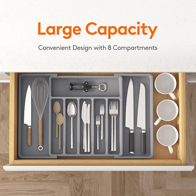 Lifewit Extra Large Silverware Drawer Organizer, Expandable Utensil Tray for Kitchen, BPA Free Flatware and Cutlery Holder, Adjustable Plastic Storage for Spoons Forks Knives, 13-22 x 15, Gray