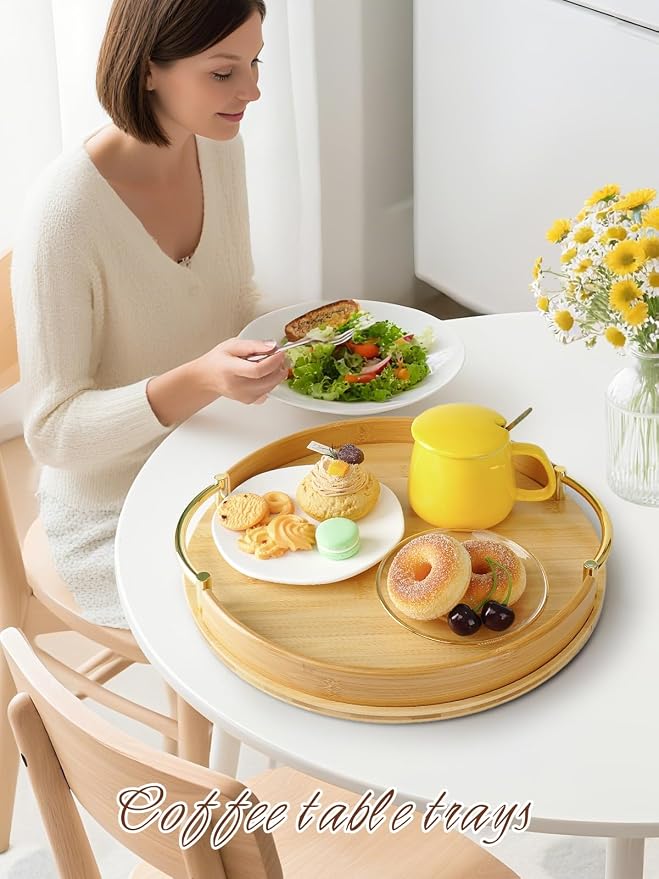 JUPELI 14″ Round Bamboo Serving Tray with Handles – Decorative Tray, Breakfast Tray, Coffee Table Tray, Ottoman Tray, Kitchen Platter for Drinks, Snacks, Vanity, Home Decor & Gifts