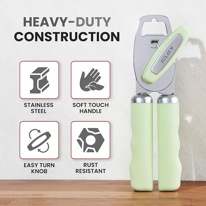 Zulay Kitchen Heavy Duty Stainless Steel Can Opener Manual with Bottle Opener - Rust Proof Manual Can Opener With Turn Knob & Comfy Soft Grip Handles - Pistachio