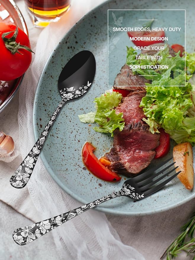 Stapava 24 Pcs Black Silverware Set with Steak Knives for 4, Stainless Steel Flatware Cutlery Set, Include Forks Spoons and Knives set, Mirror Polished, Dishwasher Safe Utensils for Home Restaurant