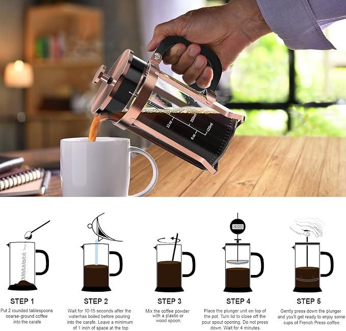 QUQIYSO French Press Coffee Maker 21oz,Borosilicate Glass Coffee Press | Thickened Glass Stainless Steel Coffee French Press,Easy to Clean,4 Filter Suitable for Kitchen Party Camping Gifts (Copper)