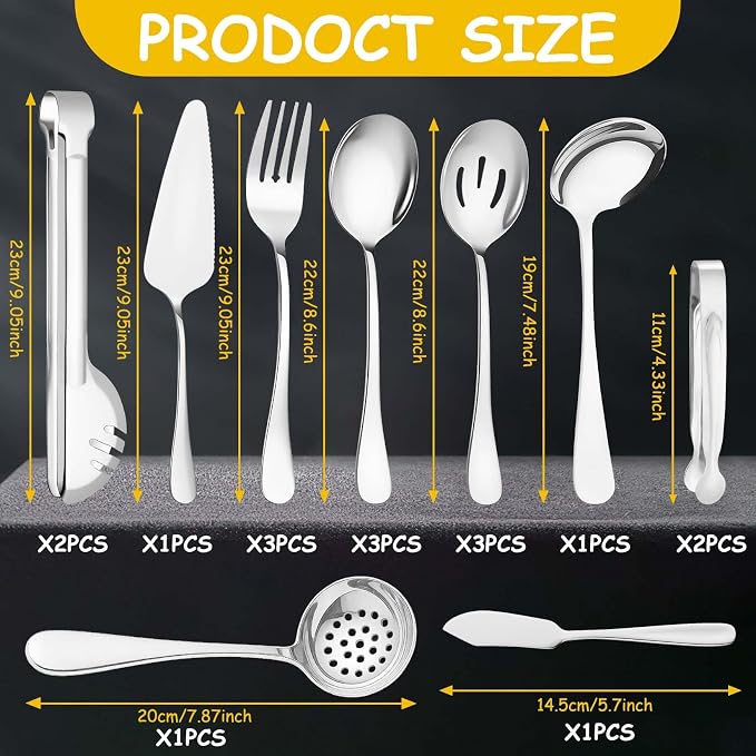 17 Pcs Silver Serving Utensils Set Include Stainless Steel Large Serving Spoons Slotted Spoons Forks Soup Ladle Pie Server - Metal Utensils for Parties Buffet Catering, Dishwasher Safe