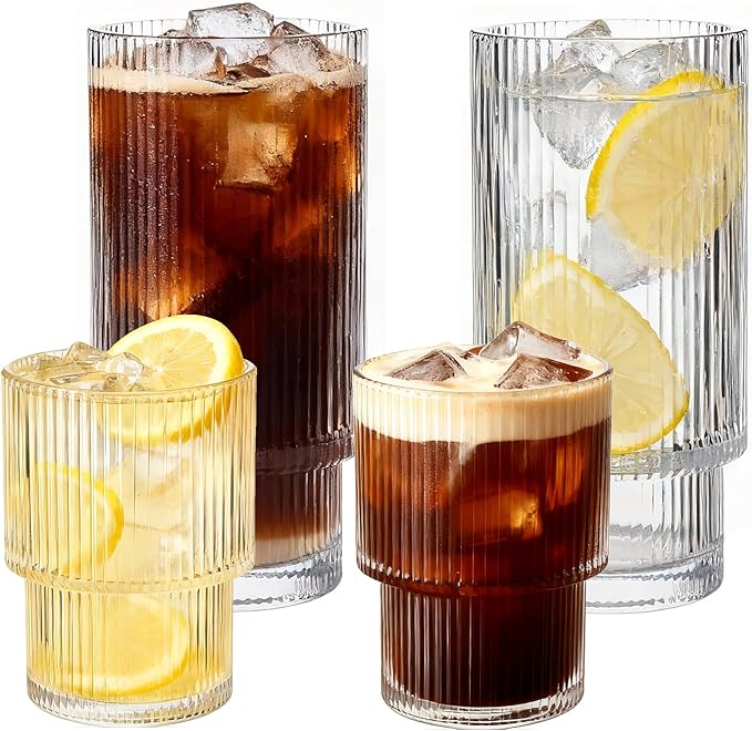 Ribbed Drinking Glasses Set of 4, Stackable Glass Cups with 2 Tall 16 oz Highball Glasses and 2 Short 7 oz Tumblers for Iced Coffee, Water, Cocktails and Whiskey