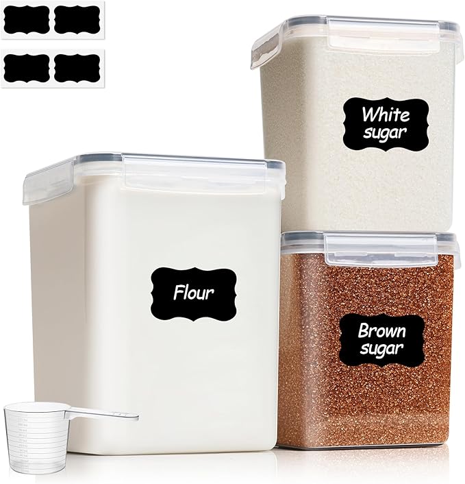 ComSaf Airtight Flour and Sugar Container 2.6Qt & 5.5Qt 3Pack, Wide Mouth | Plastic Food Storage Canister with Lid, Flour Sugar Cereal Rice Oats, Pantry Kitchen, Stackable Baking Supplies, Label, Scoop