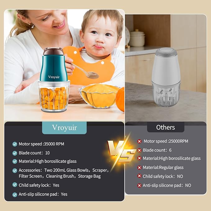 Glass Baby Food Maker, 600ML Baby Food Blender and Puree Processor | 10 Blades, Smooth Baby Puree Maker for Fruit Vegetables and Meat, Includes Two 200ML Glass Bowls, Brush and Scraper