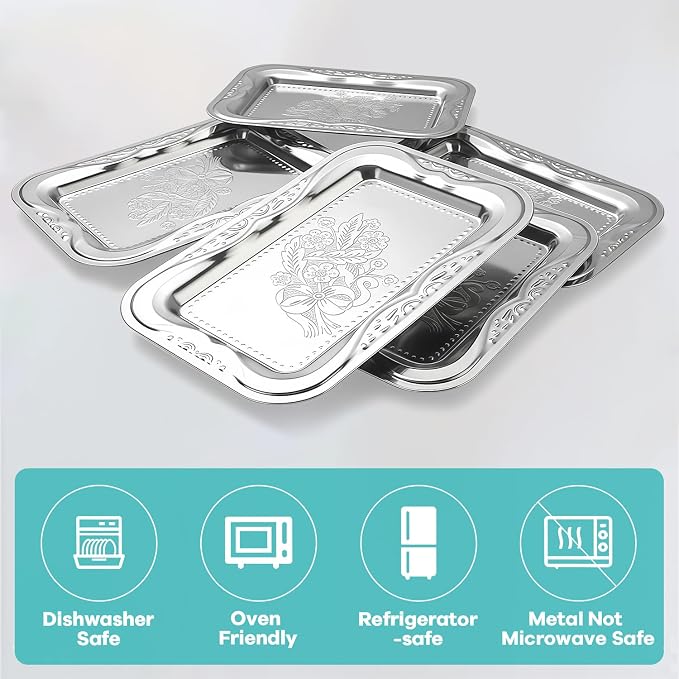 Silver Serving Tray Set of 6, 14 x 9 Inch Silver Platters for Serving Food Party, Bow Floral Engraved Mirror Trays for Charcuterie Cookies Desserts Snacks Fruit, Weddings Birthdays Festive Occasions