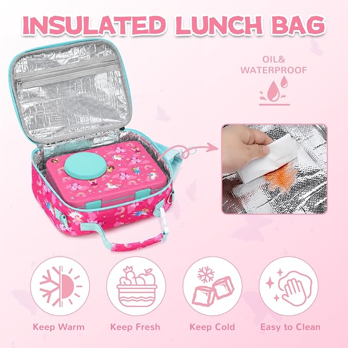 Bento Box for Kids, Leakproof Kids Lunch Box with 8.5OZ Thermo Food Jar & Lunch Bag, 3-4 Compartments Toddler Insulated Lunch Box for Girls, BPA Free Lunch Containers for School Daycare