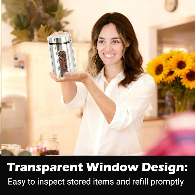 7 Pcs Kitchen Canisters Set with Window Glass 32 oz Stainless Steel Candy Storage Jars with Lids Airtight Coffee Containers for Flour Grains Spices Tea Sugar Cookies Kitchen Decorations