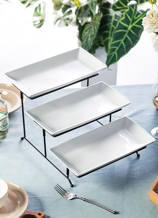 LYEOBOH 3 Tier Serving Tray, Tiered Serving Tray, Platters for Food Display | Tiered Serving Stand and Platters Set, 12 Inches Tier Serving Platter for Party, Dessert, and Cupcake, with Collapsible Rack