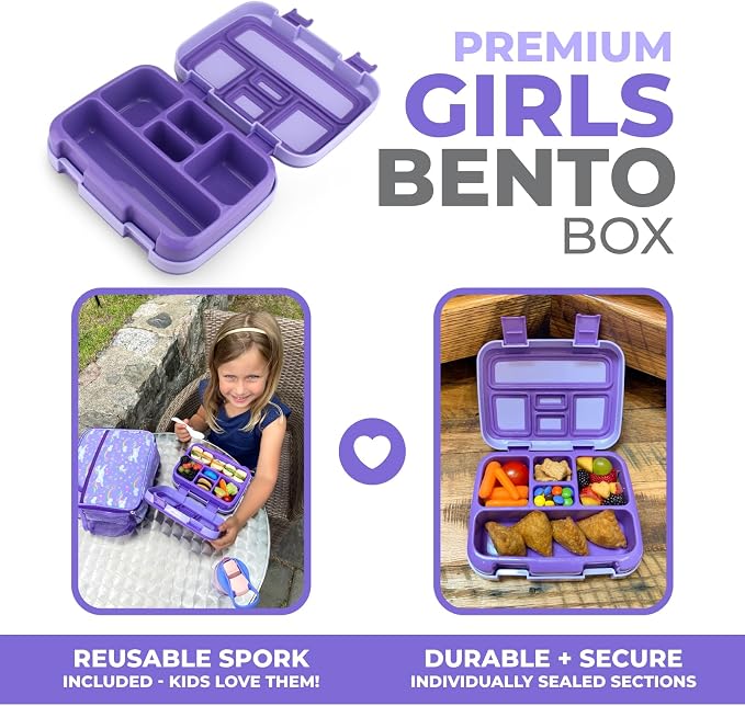 kinsho Bento Lunch Box Container for Kids, Girls Age 3 to 5, Purple Unicorn | 5 Portion Sections, BPA-Free Spill-Proof Leakproof Removable Plastic Tray, Snacks and Lunches for Toddlers Pre-School Daycare