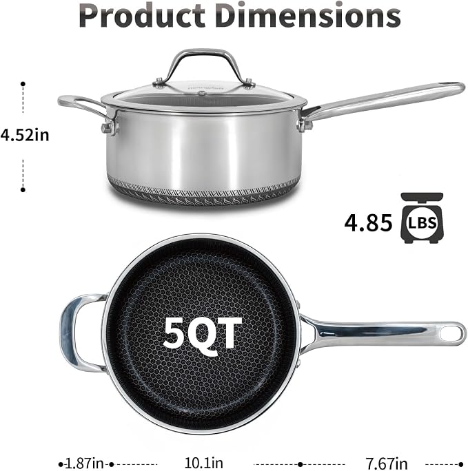 Hybrid Nonstick 5 QT Stockpot with Lid Two Handles, Stainless Steel Stockpot with Honeycomb Texture,Compatible with All Cooktops,Dishwasher and Oven Safe