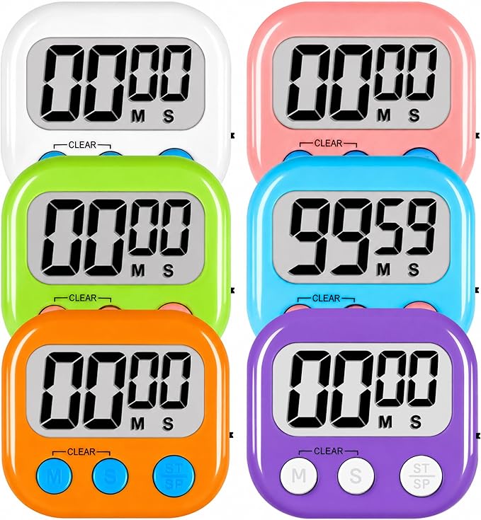 ZILLEEN Digital Kitchen Classroom Timers for Kids Cooking 6pcs MulticolorA | Strong Magnetic, Large Screen, Big Button, Kitchen Timers for Cooking Teacher Study, Blue Green Pink Purple White Orange