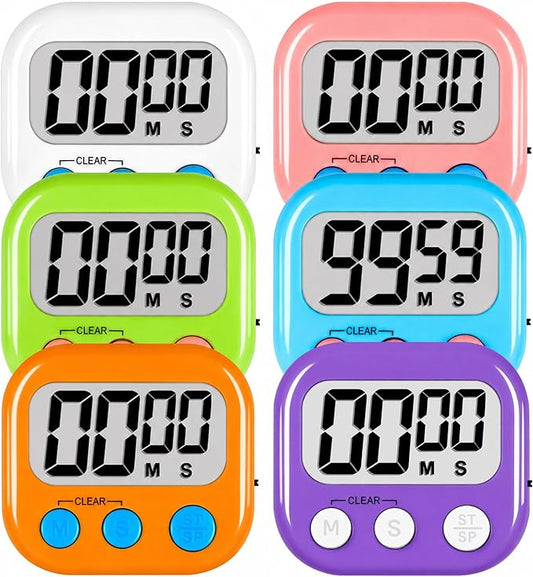 ZILLEEN Digital Kitchen Classroom Timers for Kids Cooking 6pcs MulticolorA | Strong Magnetic, Large Screen, Big Button, Kitchen Timers for Cooking Teacher Study, Blue Green Pink Purple White Orange