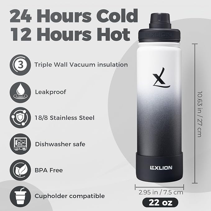 Lexlion Tea Infuser Water Bottle 22 Oz – Triple Wall Insulated Stainless Steel, Loose Leaf & Fruit Strainer, 3 Leakproof Lids, BPA-Free Silicone Sleeve, Reusable Thermal Mug