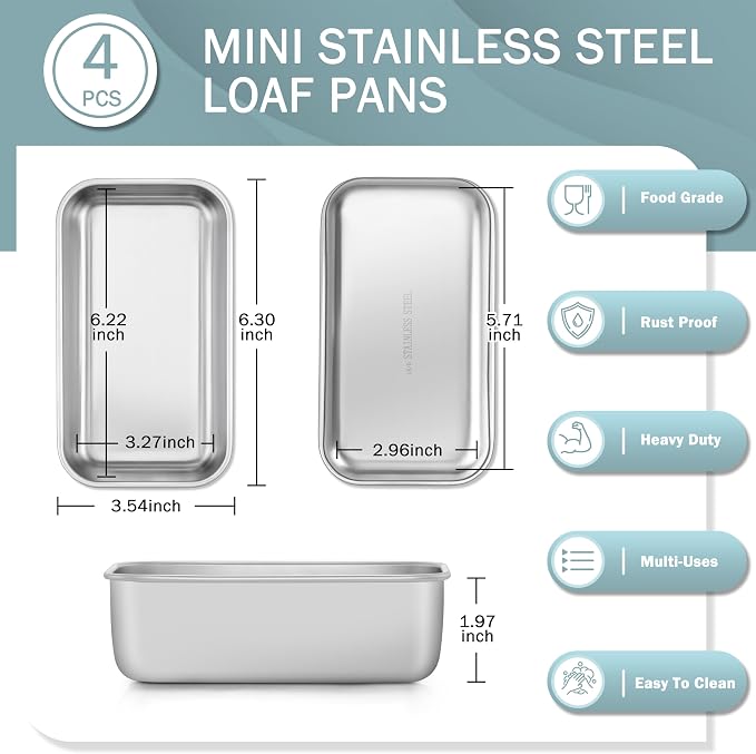 TeamFar Mini Loaf Pan, 4 PCS Stainless Steel Loaf Pans for Baking Bread | 6.3 x 3.5 Inch Bread Baking Pan for Homemade Bread, Meatloaf, Cake and Brownies, Non-Toxic, Oven & Dishwasher Safe