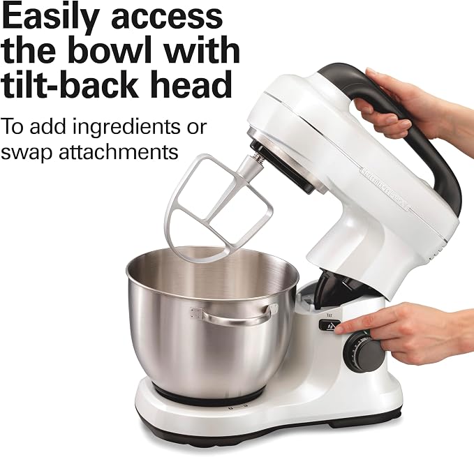 Hamilton Beach 4 Qt Electric Stand Mixer With 7 Speeds, Easy-Carry Handle | Planetary Mixing For Full Bowl Coverage | Splash Guard | 300 Watts | Whisk, Flat Beater, Dough Hook | Mixing Guide | White