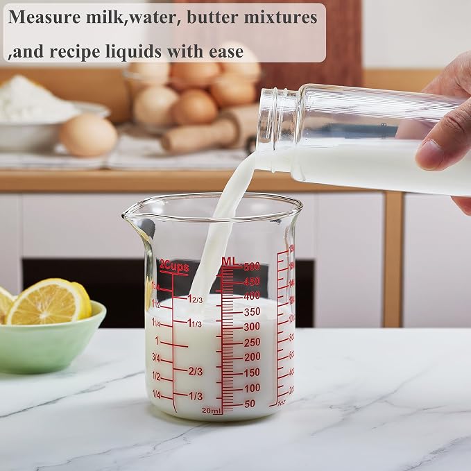Ackers BORO3.3 High Borosilicate Glass Measuring Cup, Handleless Beaker with V-Shaped Spout, 500 ml (16 oz, 2 Cup)