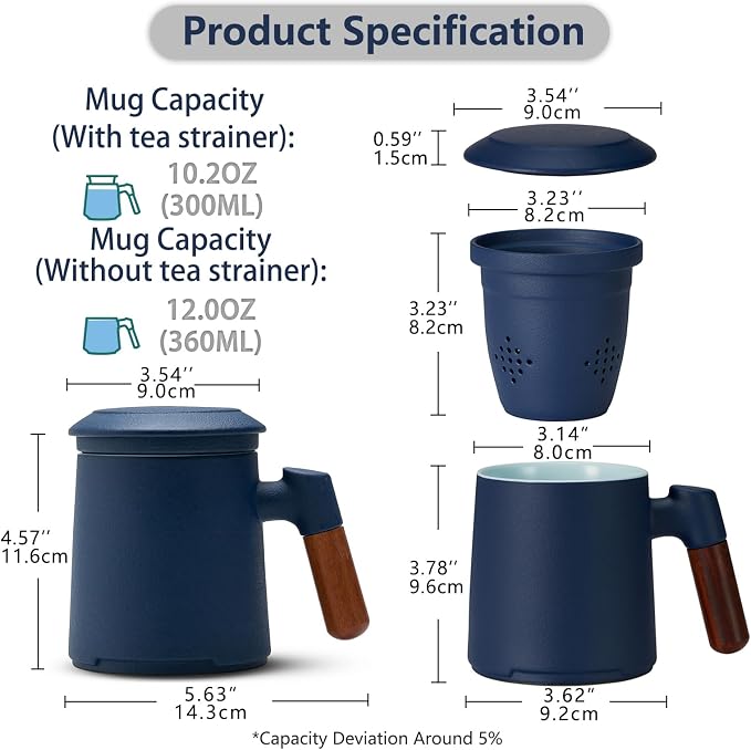 ZENS Tea Mug with Infuser and Lid for Loose Leaf Tea Steeper, 12oz Blue | Embossed Ceramic Tea Cup with Infuser for Herbal Tea Difussers, Tea Lovers Gifts, Nature Wood Handle