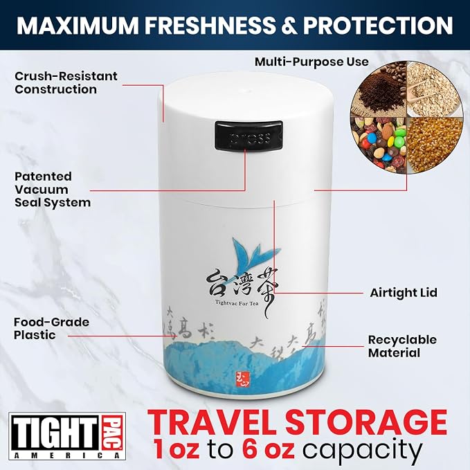 Teavac 6-Ounce Vacuum Sealed Tea Storage Container, White Cap and Body/Blue Tea Sign